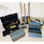 A collection of various tool boxes and tools including Gorilla pry bar etc.