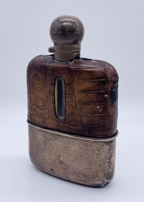 A hallmarked silver hip flask with crocodile skin cover, London 1892