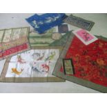 A collection of Oriental silk embroideries and hand painted picture