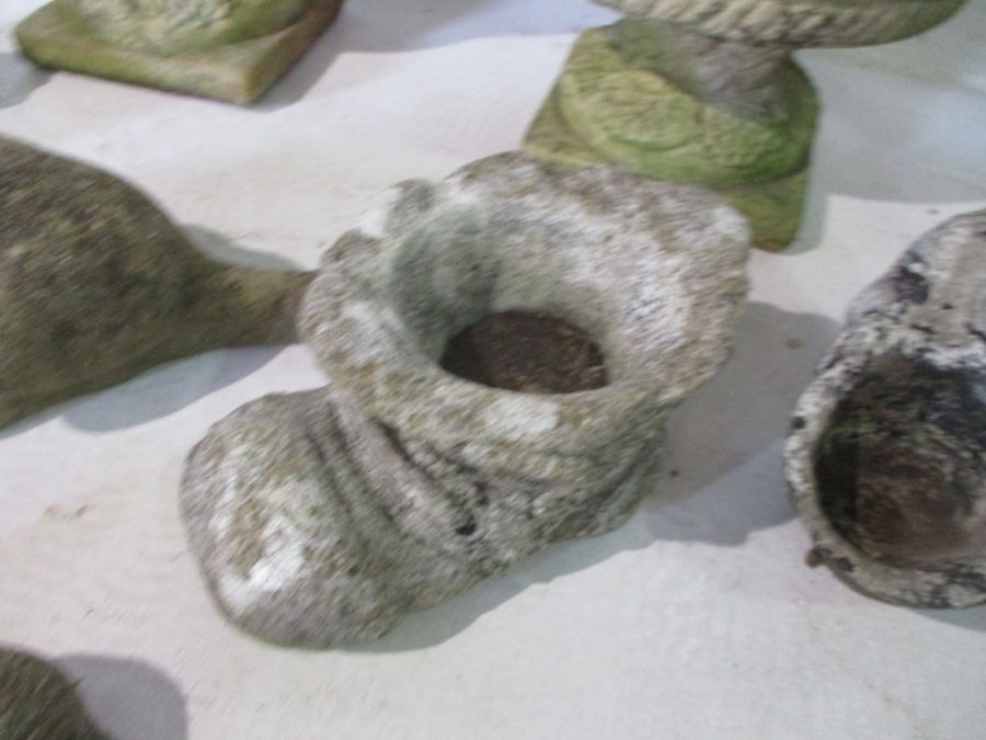 A pair of concrete garden pots on plinths, along with a collection of various concrete garden - Image 7 of 11