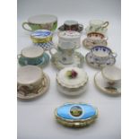 A collection of miniature cups and saucers, pill boxes etc including Spode, Past Times, Coalport.