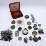 A collection of costume jewellery etc. including a silver fob watch, Rosaries, medallions and a