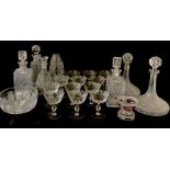 A collection of various glass including six decanters, twelve matching champagne glasses, Hofbauer