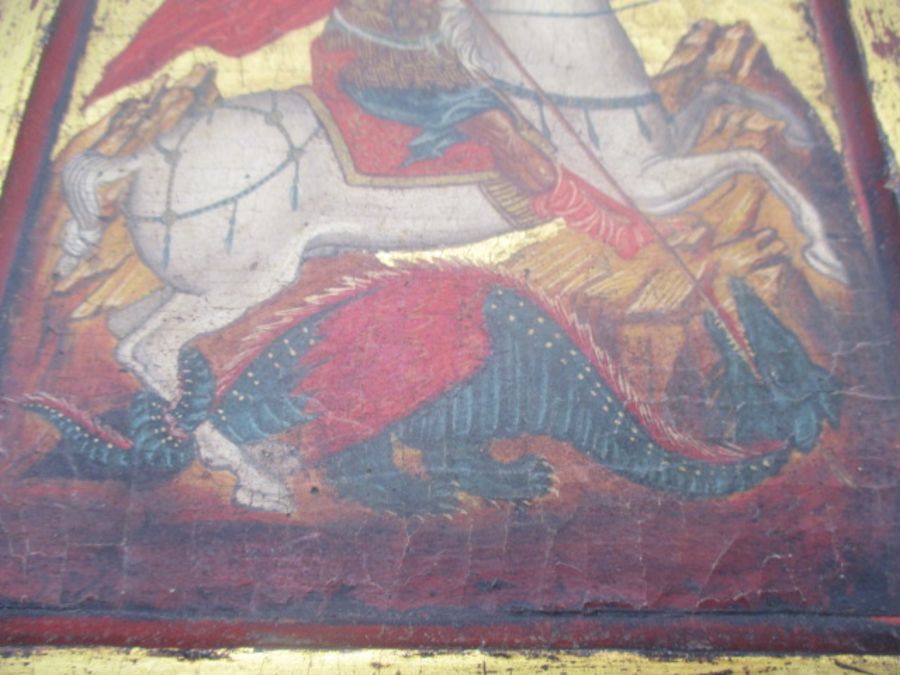 Greek Icon of Saint George and the Dragon.A rectangular wooden board ( approx 23cm x 18.75cm) with - Image 6 of 12