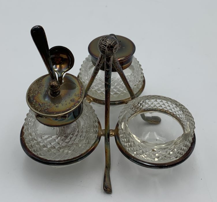 A silver plated condiment set on golf club supports with golf ball finial - Image 2 of 3