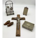 A small collection of items including a crucifix, silver plated condiment set etc.