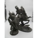 Two Spelter figures, both A/F. A Knight on horseback, height 45cm and a German soldier in a Pickle