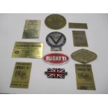 Various car badges including an enamelled Bugatti radiator badge, Vintage Sports Car Club and