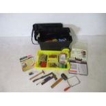 A collection of various tools, all stored in a Stanley pull along tool box. Items included are