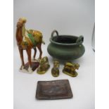 A small collection of Oriental items including an incense burner, brass, a Tang style Horse etc