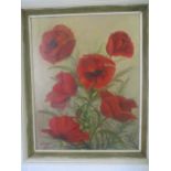 An oil on canvas of poppies signed Doreen Hiorn, 49cm x 39cm