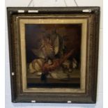 An unsigned Victorian still life oil on canvas of gamebirds and fruit in gilt frame