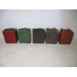 A collection of five vintage petrol cans