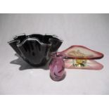 A collection of three pieces of art glass including a Murano glass bowl, a handkerchief vase and one