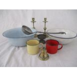 A small collection of enamelled ware, brass candlesticks, Union biscuit barrel etc.
