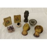 A collection of assorted items including three rock crystals, bookends, carved African head etc