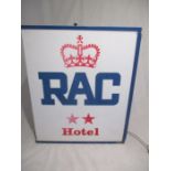 An RAC Perspex and Metal Cased Double-Sided Illuminated Hotel Sign
