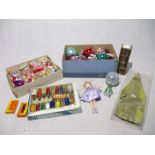 A collection of vintage Christmas decorations including a selection of baubles, Christmas light
