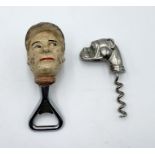 A bottle opener with vintage jockey head handle and a corkscrew with boxer dog head.