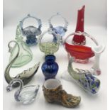 A collection of various art glass including Murano baskets and fish, swans, decanter etc