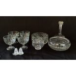 A small collection of glassware including four sundae dishes, cut glass bowls, decanter etc
