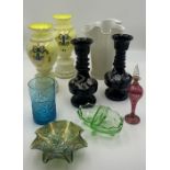 A collection of art glass including two pairs of matching vases, Whitefriars style vase etc.