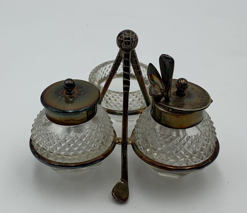 A silver plated condiment set on golf club supports with golf ball finial - Image 3 of 3