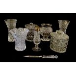 A collection of cut glass including a Waterford Crystal sugar shaker, vase, knife and biscuit barrel