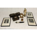 A collection of various items including a wooden box with hallmarked silver plaque, three