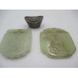 Two pieces of jade, both carved with figures, along with an SCM weight with character marks to top