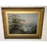 A 19th century oil on canvas in gilt frame showing a landscape - label to back River Scene by Amy