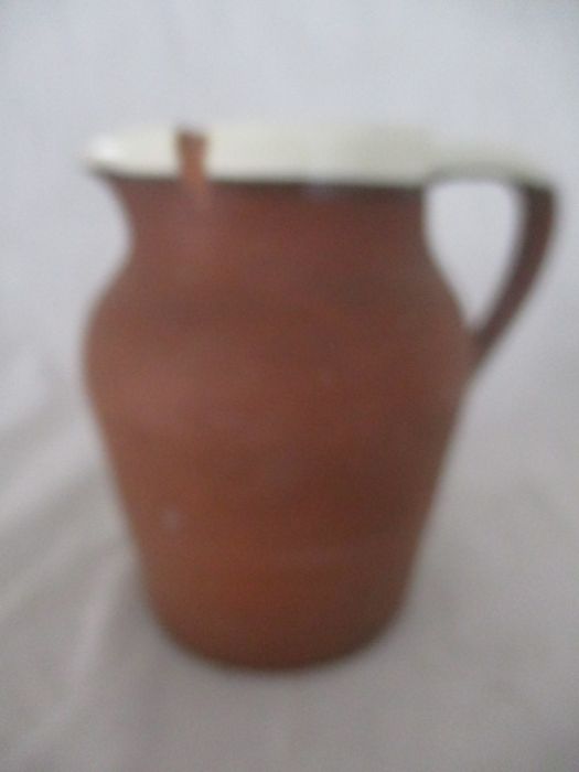A vintage terracotta dairy bowl with cream glazed interior along with a similar 4 pint jug ( A/F) - Image 6 of 10