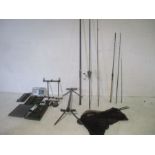 An assortment of fishing equipment including two rods an Ultra II 12' feeder and a Greys Platinum