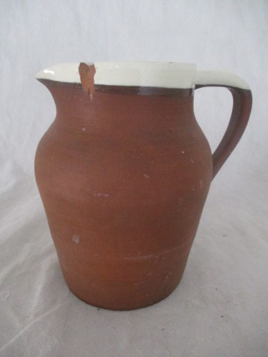 A vintage terracotta dairy bowl with cream glazed interior along with a similar 4 pint jug ( A/F) - Image 7 of 10