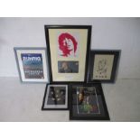 A collection of five framed rock/pop music memorabilia posters/pictures including Queen, Bob Marley,