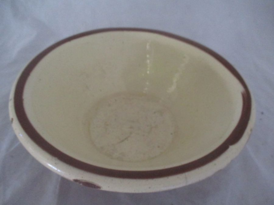 A vintage terracotta dairy bowl with cream glazed interior along with a similar 4 pint jug ( A/F) - Image 2 of 10