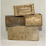 Four vintage branded crates marked for Frys Homeopathic Cocoa, Bovril, De Vos Krone & Co