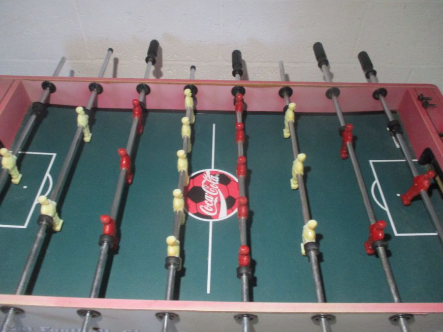 A Coca-Cola branded table football game, including five balls. One side faded by Sun. - Image 6 of 7