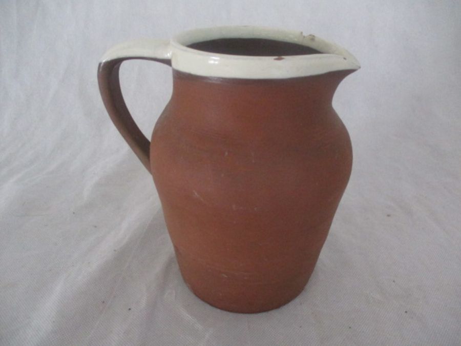 A vintage terracotta dairy bowl with cream glazed interior along with a similar 4 pint jug ( A/F) - Image 9 of 10