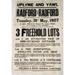 A vintage auction poster from 1927 advertising the sale of five properties and a shop in Uplyme