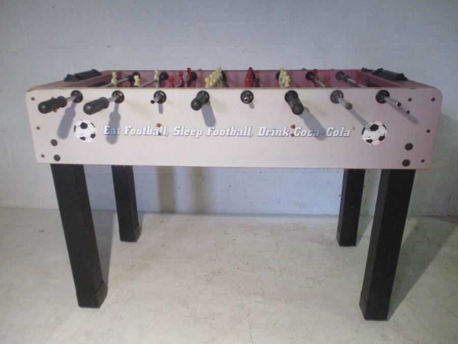 A Coca-Cola branded table football game, including five balls. One side faded by Sun. - Image 2 of 7