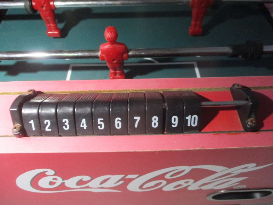 A Coca-Cola branded table football game, including five balls. One side faded by Sun. - Image 4 of 7