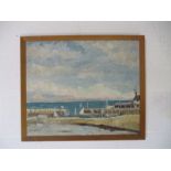 A framed oil painting on canvas of Lyme Regis, unsigned - overall size 54cm x 64xm