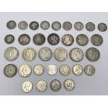 A collection of mainly silver coinage including Victorian florins and gothic florins, half crowns,