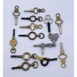 A collection of watch keys including a "wine tap" shaped double key in SCM
