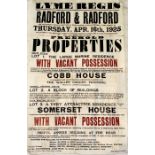 A large vintage auction poster from 1925 advertising the sale of Cobb House, Somerset House and a