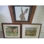 Three countryside prints- a hare, cattle and a farmer feeding sheep