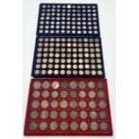Three trays of various coinage including pennies, silver and other sixpences, three pence etc.