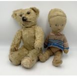 A vintage Merrythought teddy bear with jointed arms and legs along with a Merrythought Nipper Doll