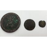 A George III 1797 cartwheel penny, a 1670 copper token - Bath Farthing and one other (possibly a